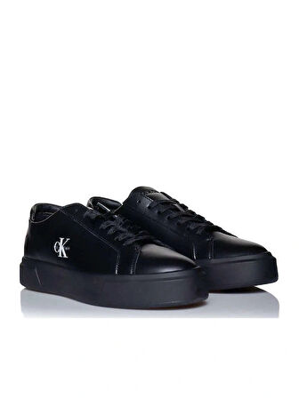 Calvin Klein Basketbol Stili Düz Tabanlı Bağcıklı Deri Monogramlı Erkek Siyah Sneaker YM0YM01460-0GJ
