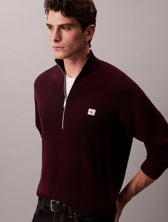 Calvin Klein Uzun Kollu Pamuklu Waffle Dokulu Yarım Fermuarlı Erkek Mor Triko LV04RE308G-5FL