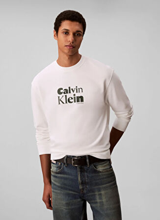 Calvin Klein Bisiklet Yaka Beyaz Erkek Sweatshırt LV04LD242GYAF_LS EU 350TERRY CALVIN