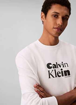 Calvin Klein Bisiklet Yaka Beyaz Erkek Sweatshırt LV04LD242GYAF_LS EU 350TERRY CALVIN