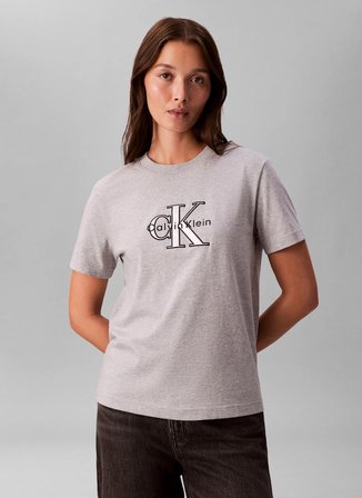 Calvin Klein Jeans Yuvarlak Yaka Baskılı Gri Kadın T-Shirt SS CLASSIC MONOLOGO METALLIC CNE