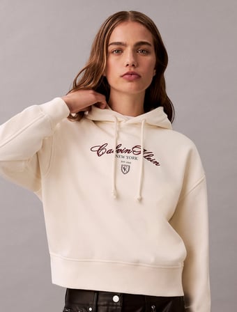 Calvin Klein Uzun Kollu Kısa Grafikli Kapüşonlu Kadın Beyaz Sweatshirt LV047E208G-YAT