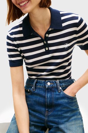 Tommy Hilfiger Çizgili İpek Karışımlı Kısa Kollu Düğmeli Polo Yaka Kazak Bayan POLO YAKA KAZAK WW0WW48503 0A5 LACİVERT-BEYAZ