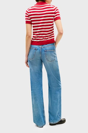 Tommy Hilfiger Çizgili İpek Karışımlı Kısa Kollu Düğmeli Polo Yaka Kazak Bayan POLO YAKA KAZAK WW0WW48503 04W KIRMIZI-BEYAZ