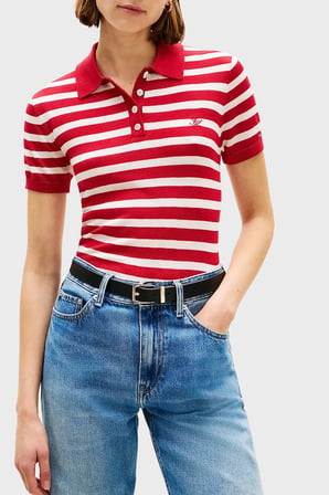 Tommy Hilfiger Çizgili İpek Karışımlı Kısa Kollu Düğmeli Polo Yaka Kazak Bayan POLO YAKA KAZAK WW0WW48503 04W KIRMIZI-BEYAZ