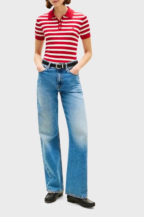 Tommy Hilfiger Çizgili İpek Karışımlı Kısa Kollu Düğmeli Polo Yaka Kazak Bayan POLO YAKA KAZAK WW0WW48503 04W KIRMIZI-BEYAZ