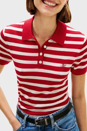 Tommy Hilfiger Çizgili İpek Karışımlı Kısa Kollu Düğmeli Polo Yaka Kazak Bayan POLO YAKA KAZAK WW0WW48503 04W KIRMIZI-BEYAZ