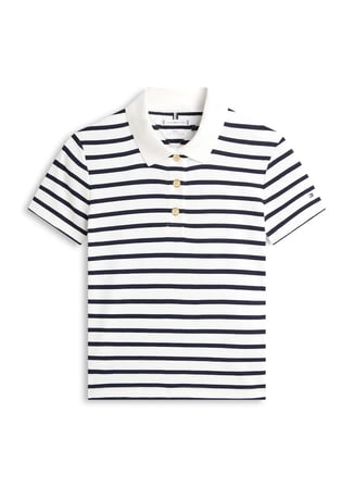 Tommy Hilfiger Lacivert - Beyaz Kadın Çizgili T-Shirt GOLD BUTTON SLIM SS POLO