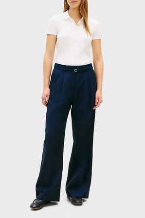 Tommy Hilfiger Keten Karışımlı Wide Leg Fit Yüksek Bel Pantolon Bayan PANTOLON WW0WW48884 C1G LACİVERT