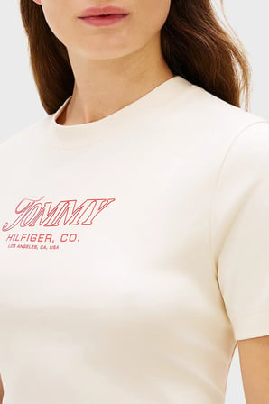 Tommy Hilfiger Pamuklu Logo Baskılı Regular Fit Bisiklet Yaka T Shirt Bayan T SHİRT WW0WW48707 AEF BEJ
