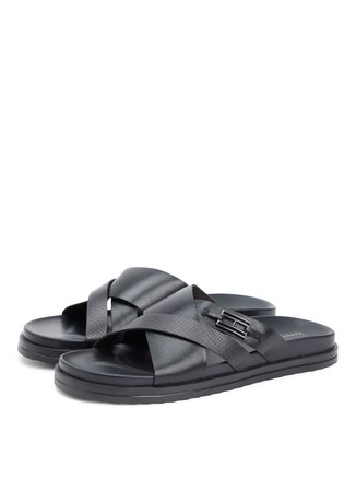 Tommy Hilfiger Siyah Erkek Deri Terlik FLAG HARDWARE LTH SANDAL