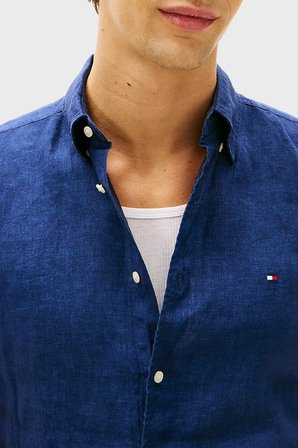 Tommy Hilfiger % 100 Keten Regular Fit Kısa Kollu Gömlek Erkek GÖMLEK MW0MW41531 DCC LACİVERT