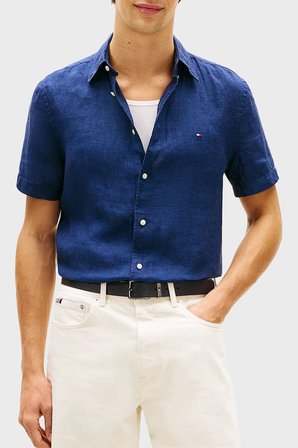 Tommy Hilfiger % 100 Keten Regular Fit Kısa Kollu Gömlek Erkek GÖMLEK MW0MW41531 DCC LACİVERT