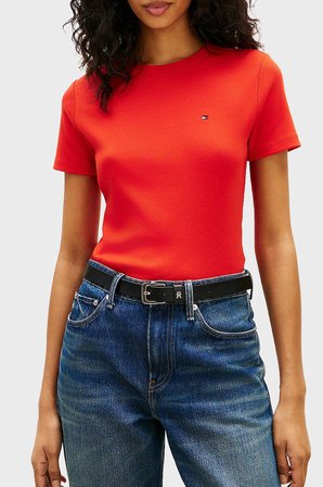 Tommy Hilfiger Pamuklu Logolu Slim Fit Bisiklet Yaka  T Shirt Bayan T SHİRT WW0WW40587 SNE KIRMIZI