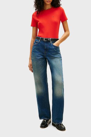 Tommy Hilfiger Pamuklu Logolu Slim Fit Bisiklet Yaka  T Shirt Bayan T SHİRT WW0WW40587 SNE KIRMIZI