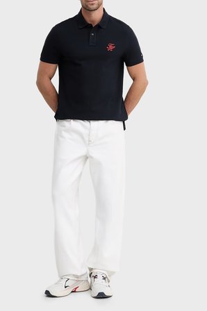 Tommy Hilfiger Logolu % 100 Pamuk Düğmeli Polo Yaka T Shirt Erkek POLO YAKA T SHİRT MW0MW43046 DW5 LACİVERT