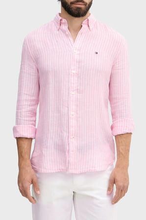 Tommy Hilfiger Çizgili Keten Regular Fit Uzun Kollu Gömlek Erkek GÖMLEK MW0MW42400 0D1 PEMBE-BEYAZ