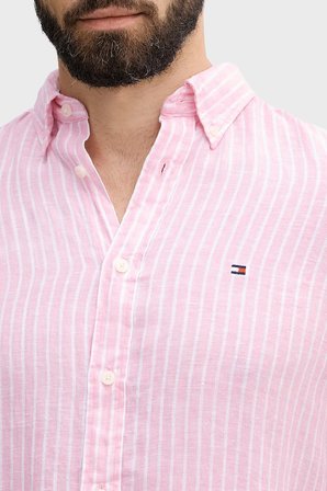 Tommy Hilfiger Çizgili Keten Regular Fit Uzun Kollu Gömlek Erkek GÖMLEK MW0MW42400 0D1 PEMBE-BEYAZ