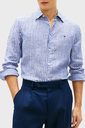Tommy Hilfiger Çizgili Keten Regular Fit Uzun Kollu Gömlek Erkek GÖMLEK MW0MW42400 0A4 MAVİ-BEYAZ