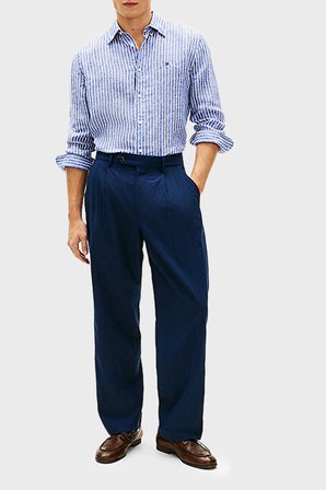 Tommy Hilfiger Çizgili Keten Regular Fit Uzun Kollu Gömlek Erkek GÖMLEK MW0MW42400 0A4 MAVİ-BEYAZ