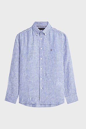 Tommy Hilfiger Çizgili Keten Regular Fit Uzun Kollu Gömlek Erkek GÖMLEK MW0MW42400 0A4 MAVİ-BEYAZ