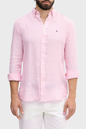Tommy Hilfiger Çizgili Keten Regular Fit Uzun Kollu Gömlek Erkek GÖMLEK MW0MW42400 0D1 PEMBE-BEYAZ