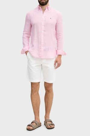 Tommy Hilfiger Çizgili Keten Regular Fit Uzun Kollu Gömlek Erkek GÖMLEK MW0MW42400 0D1 PEMBE-BEYAZ