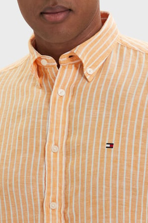 Tommy Hilfiger Çizgili Keten Regular Fit Uzun Kollu Gömlek Erkek GÖMLEK MW0MW42400 0DM Orange-Beyaz