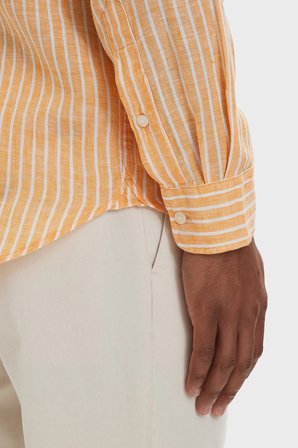 Tommy Hilfiger Çizgili Keten Regular Fit Uzun Kollu Gömlek Erkek GÖMLEK MW0MW42400 0DM Orange-Beyaz