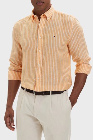 Tommy Hilfiger Çizgili Keten Regular Fit Uzun Kollu Gömlek Erkek GÖMLEK MW0MW42400 0DM Orange-Beyaz