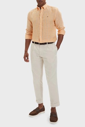 Tommy Hilfiger Çizgili Keten Regular Fit Uzun Kollu Gömlek Erkek GÖMLEK MW0MW42400 0DM Orange-Beyaz