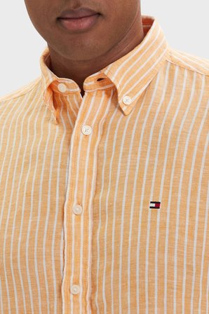 Tommy Hilfiger Çizgili Keten Regular Fit Uzun Kollu Gömlek Erkek GÖMLEK MW0MW42400 0DM Orange-Beyaz