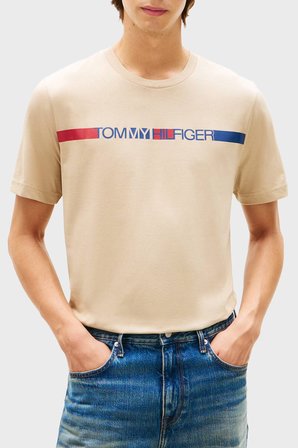 Tommy Hilfiger Logolu % 100 Pamuk Bisiklet Yaka T Shirt Erkek T SHİRT MW0MW42368 RBT KUM