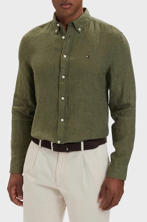 Tommy Hilfiger Keten Regular Fit Uzun Kollu Gömlek Erkek GÖMLEK MW0MW41530 MSX YEŞİL