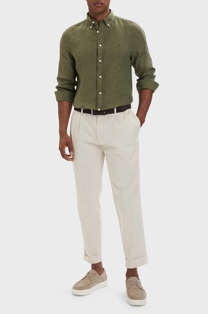 Tommy Hilfiger Keten Regular Fit Uzun Kollu Gömlek Erkek GÖMLEK MW0MW41530 MSX YEŞİL