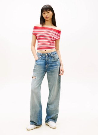 Tommy Jeans Kırmızı Kadın Çizgili Kazak TJW OFF SHOULDER STRIPE SWEATER