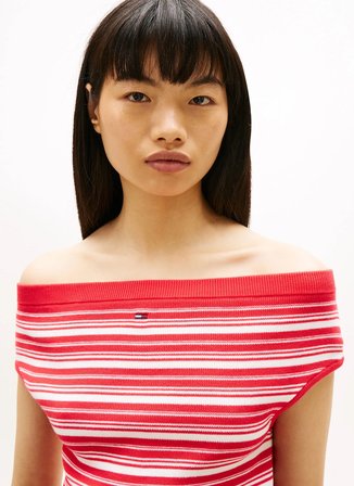 Tommy Jeans Kırmızı Kadın Çizgili Kazak TJW OFF SHOULDER STRIPE SWEATER