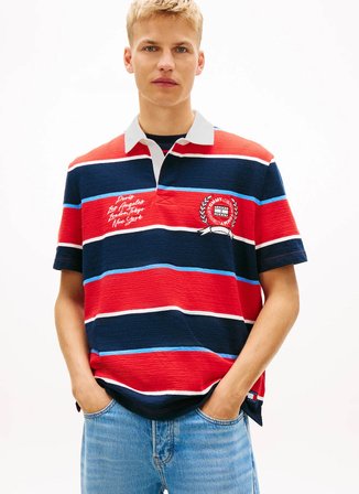 Tommy Jeans Kırmızı Erkek Standart Fit Çizgili Polo T-Shirt DM0DM22702XL8 Kırmızı Polo T-Shirt