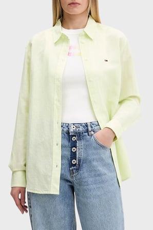 Tommy Jeans Çizgili Keten ve Pamuk Karışımlı Klasik Yaka Uzun Kollu Gömlek Bayan GÖMLEK DW0DW22209 0CG YEŞİL