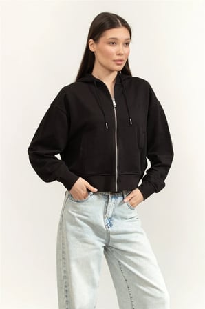 Uzun Kollu Monogram Havlu Kumaş Kısa Rahat Kesim Kadın Siyah Eşofman Üstü LV047F208G-UB