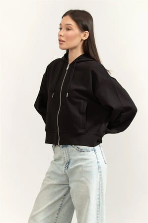 Uzun Kollu Monogram Havlu Kumaş Kısa Rahat Kesim Kadın Siyah Eşofman Üstü LV047F208G-UB