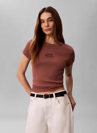 Calvin Klein Jeans Kahve Kadın  T-Shirt SS 2X2 BABY RIB LOGO BABY TEE