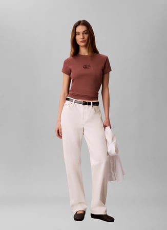 Calvin Klein Jeans Kahve Kadın  T-Shirt SS 2X2 BABY RIB LOGO BABY TEE