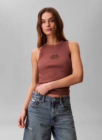 Calvin Klein Jeans Kahve Kadın Nakışlı Atlet SL 2X2 BABY RIB LOGO CREW TANK