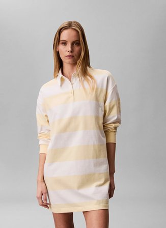 Calvin Klein Jeans Sarı Kadın Elbise LS VARSITY STRIPE MINI POLO DRES