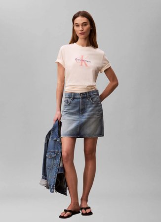 Calvin Klein Jeans Yuvarlak Yaka Krem Kadın T-Shirt HERO SS CLASSIC MONOLOGO CNECK T