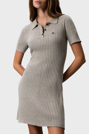 Calvin Klein % 100 Pamuk Fitilli Düğmeli Polo Yaka Mini Elbise LV047G301GP7A Bayan ELBİSE LV047G301G P7A GRİ MELANJ