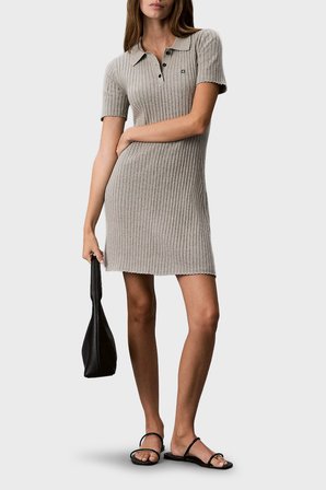 Calvin Klein % 100 Pamuk Fitilli Düğmeli Polo Yaka Mini Elbise LV047G301GP7A Bayan ELBİSE LV047G301G P7A GRİ MELANJ