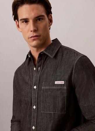 Calvin Klein Jeans Siyah Erkek Classic Fit Logo Baskılı Gömlek LV04RG115GUB1 LS CHAMBRAY CLASSIC