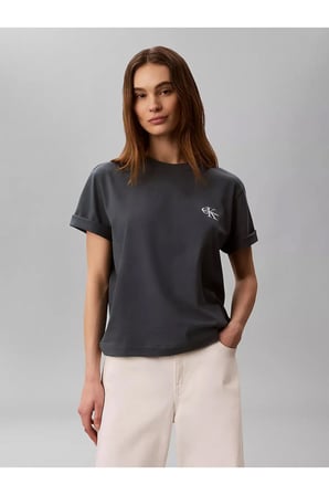 Kadın Normal Kalıp Pamuklu Yuvarlak Yakalı CK Logo Baskılı Kısa Kollu Antrasit T-Shirt